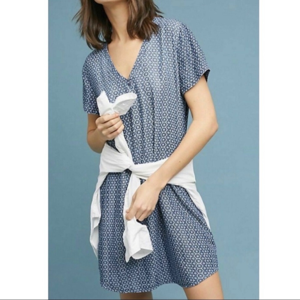 Anthropologie Blue Geometric Star Printed Short Sleeve Chambray Shirtdress S